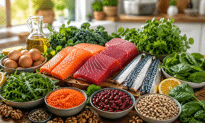 Aiello Eye Institute image for improve your vision naturally showing an assortment of eye-healthy foods, including salmon, tuna, eggs, leafy greens, lentils, kidney beans, and black-eyed peas.