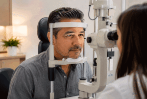 Aiello Eye Institute image for improve your vision naturally showing a 50-year-old man receiving a slit lamp eye exam in a comfortable eye care office.