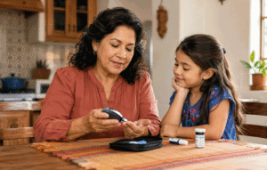 A 60-year-old Mexican American woman checks her blood sugar while her young granddaughter watches nearby.