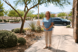 A woman and parked car appear as ghosted double images, showing how cataracts can affect vision.