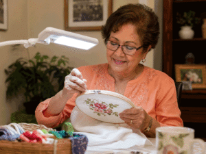 Aiello Eye Institute patient using extra lighting while doing cross-stitch and learning whether can you reverse cataracts without surgery.