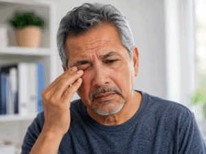 Older Hispanic man touching a painful eyelid while experiencing eyelid soreness and irritation.