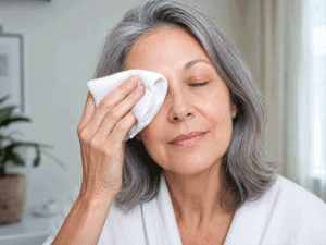 Aiello Eye Institute patient applying a warm compress while experiencing why do my eyelids hurt symptoms.