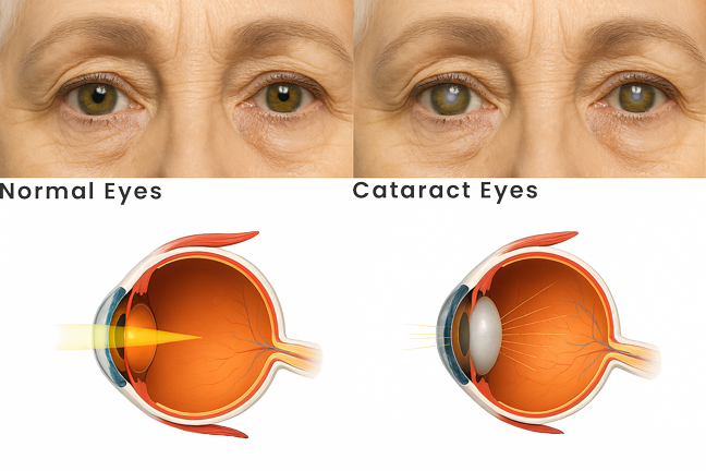 Visual diagram illustrating how cataracts can distort light and obscure vision.