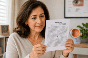 Aiello Eye Institute patient reviewing an Amsler grid with wavy and distorted lines while checking macular degeneration symptoms and central vision changes.
