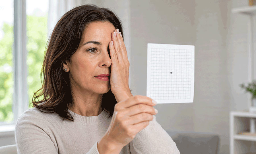 Aiello Eye Institute patient checking macular degeneration symptoms with an Amsler grid to watch for wavy lines and missing spots in vision.