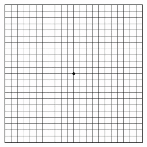 Square Amsler grid from Aiello Eye Institute used to monitor macular degeneration symptoms such as wavy lines, distorted areas, and missing spots in central vision.