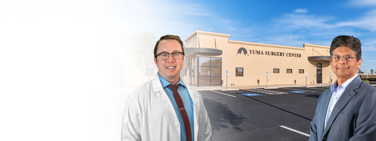 Imagery of Dr. Wallman and Dr. Deokule in front of the surgical center.