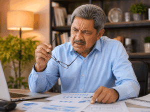 Aiello Eye Institute patient with cataracts and night driving concerns examining his prescription glasses after noticing business reports are no longer crisp and clear.