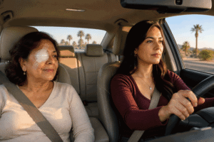 Aiello Eye Institute patient riding home with her daughter after cataract surgery, with a protective eye shield in place during recovery