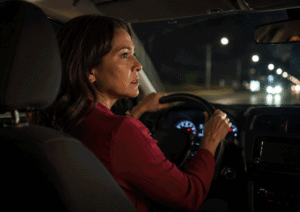 Aiello Eye Institute patient driving at night with a worried expression while struggling to see road signs and oncoming traffic because of cataracts and night driving vision changes.