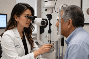 Aiello Eye Institute doctor performing a slit lamp exam on a senior patient showing early signs of cataracts.