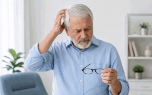 Senior man in Yuma looking confused at his glasses, illustrating questions about glasses after cataract surgery at Aiello Eye Institute.