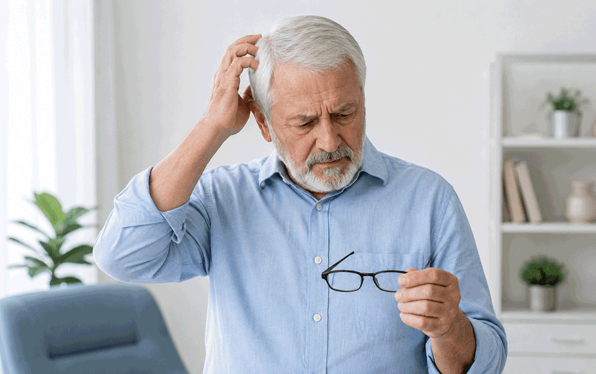 Senior man in Yuma looking confused at his glasses, illustrating questions about glasses after cataract surgery at Aiello Eye Institute.