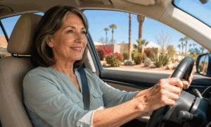 Attractive 60-year-old woman driving comfortably in Yuma after cataract surgery, illustrating glasses after cataract surgery at Aiello Eye Institute.