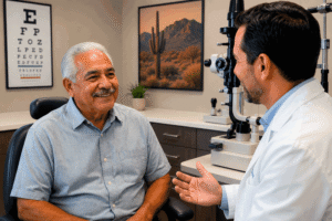 Senior Hispanic man discussing glasses after cataract surgery with an eye doctor in Yuma at Aiello Eye Institute.