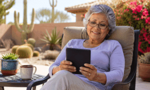 Senior Hispanic woman in Yuma relaxing in her backyard and reading with readers, illustrating glasses after cataract surgery at Aiello Eye Institute.