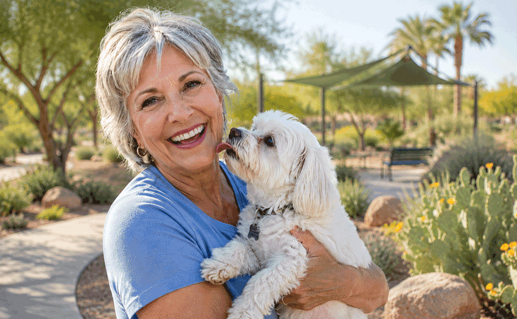 Senior woman holding her small white dog at a Yuma dog park, illustrating an active lifestyle after cataract surgery at Aiello Eye Institute.