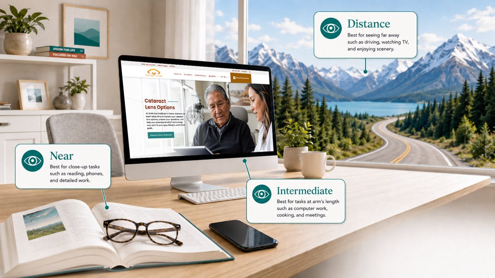 Cataract lens options in Yuma, AZ, illustrated with near vision for reading, intermediate vision for computer use, and distance vision for driving and viewing scenery.