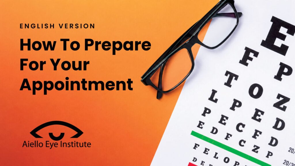 Black eyeglasses resting on an eye chart against a warm orange and rust gradient background.