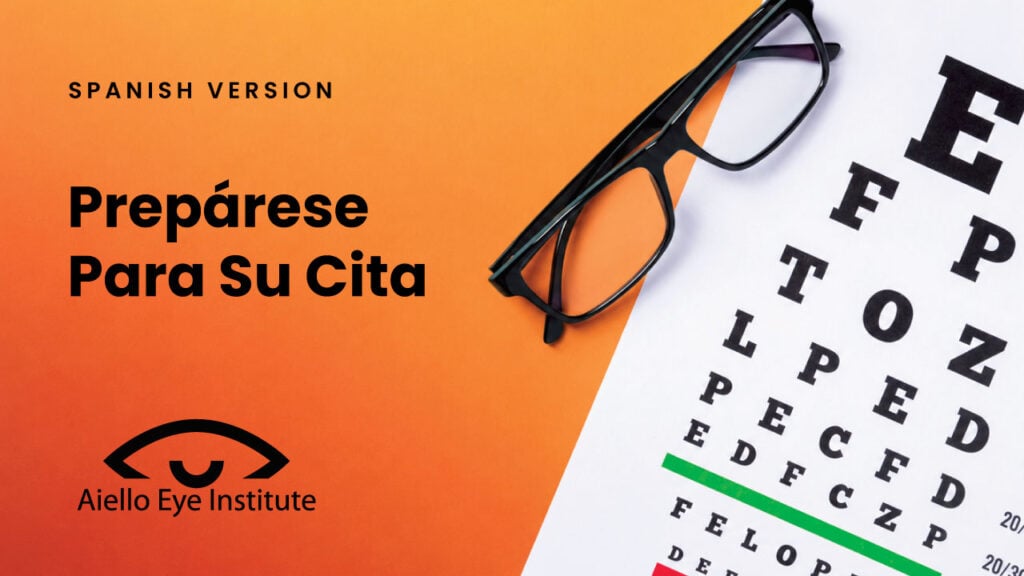 Black eyeglasses resting on an eye chart against a warm orange and rust gradient background.