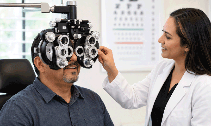 Patient undergoing a refraction test during a comprehensive eye exam in Yuma at Aiello Eye Institute.