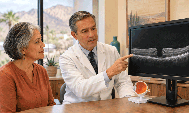 Aiello Eye Institute macular hole treatment in Yuma consultation with a retina specialist explaining an OCT scan to an older woman.
