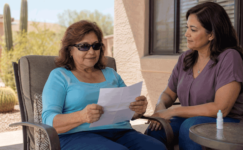 Aiello Eye Institute macular hole treatment in Yuma image of a woman reviewing postoperative instructions during recovery from macular hole surgery.