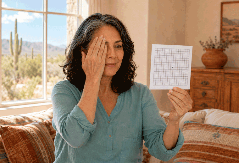 Aiello Eye Institute macular hole treatment in Yuma image of a woman covering one eye while checking her central vision with an Amsler grid.