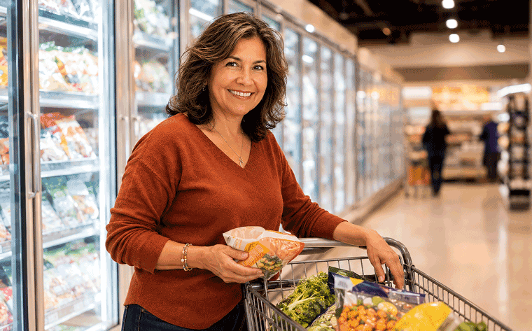 A 50-year-old woman smiles while shopping with her grocery cart for an Aiello Eye Institute guide to macular degeneration treatment.