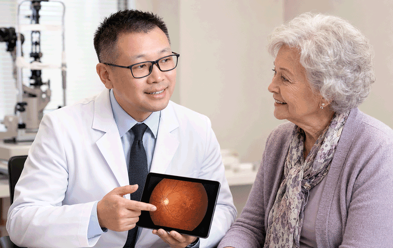 Dr. Delu Song reviews a retinal image with a senior female patient during a macular degeneration treatment consultation at Aiello Eye Institute.