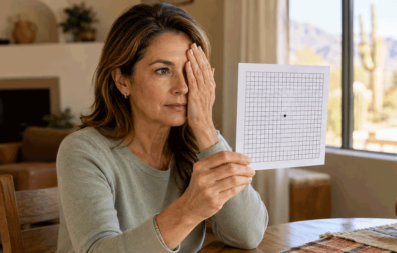 A 50-year-old woman covers one eye while performing an Amsler grid test at home as part of monitoring for macular degeneration treatment.