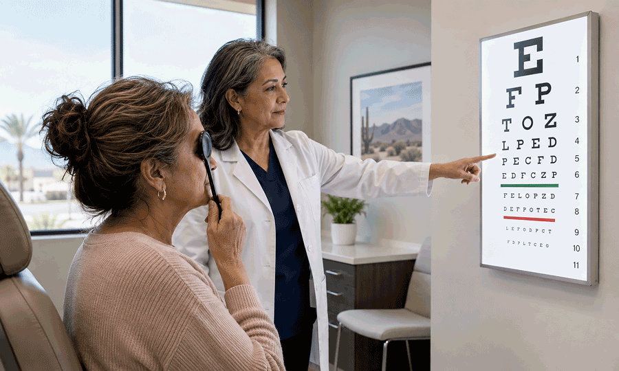 An older female patient covers one eye while taking a visual acuity test with an Aiello Eye Institute eye doctor.
