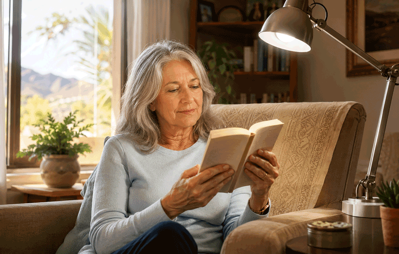 An older woman reads a paperback under an adjustable lamp at home while considering macular degeneration treatment from Aiello Eye Institute.