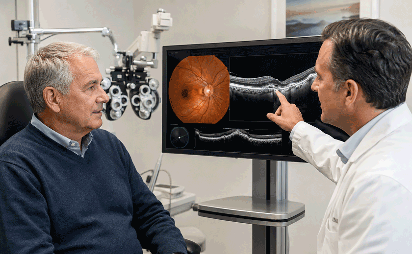 An Aiello Eye Institute retina specialist points to OCT and retinal scans while discussing macular degeneration treatment with an older male patient.