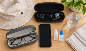 Cataract surgery recovery essentials including sunglasses, a sun hat, eyeglasses, eye drops, a phone, and water.