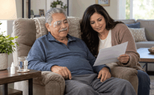 Man wearing a protective eye shield while reviewing cataract surgery recovery instructions with his daughter at home.