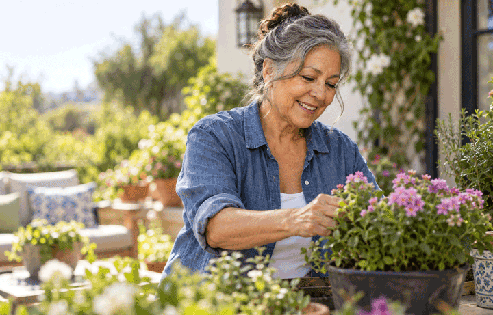 Older woman gardening on a sunny patio during cataract surgery recovery